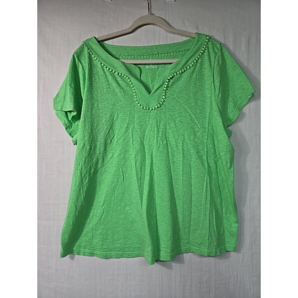 TALBOTS Women's 2X Petite Short Sleeve Green Knit Top V Neck Pom Pom Trim Cotton